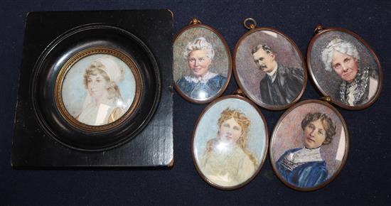 A set of five early 20th century watercolour family portrait miniatures, 6.5 x 5cm approx. and a 19th century